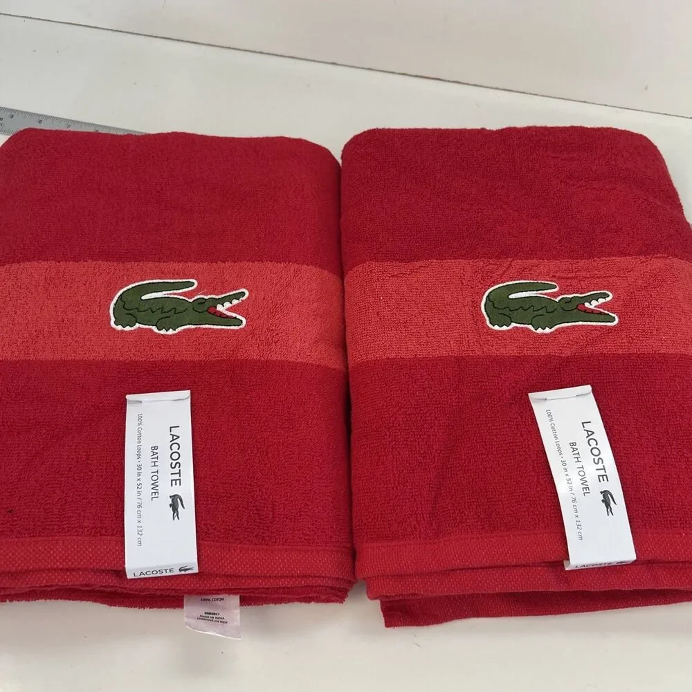 Two Lacoste Bath Towel Color Block Red Big Croc Logo 100% Cotton 30”x 52”